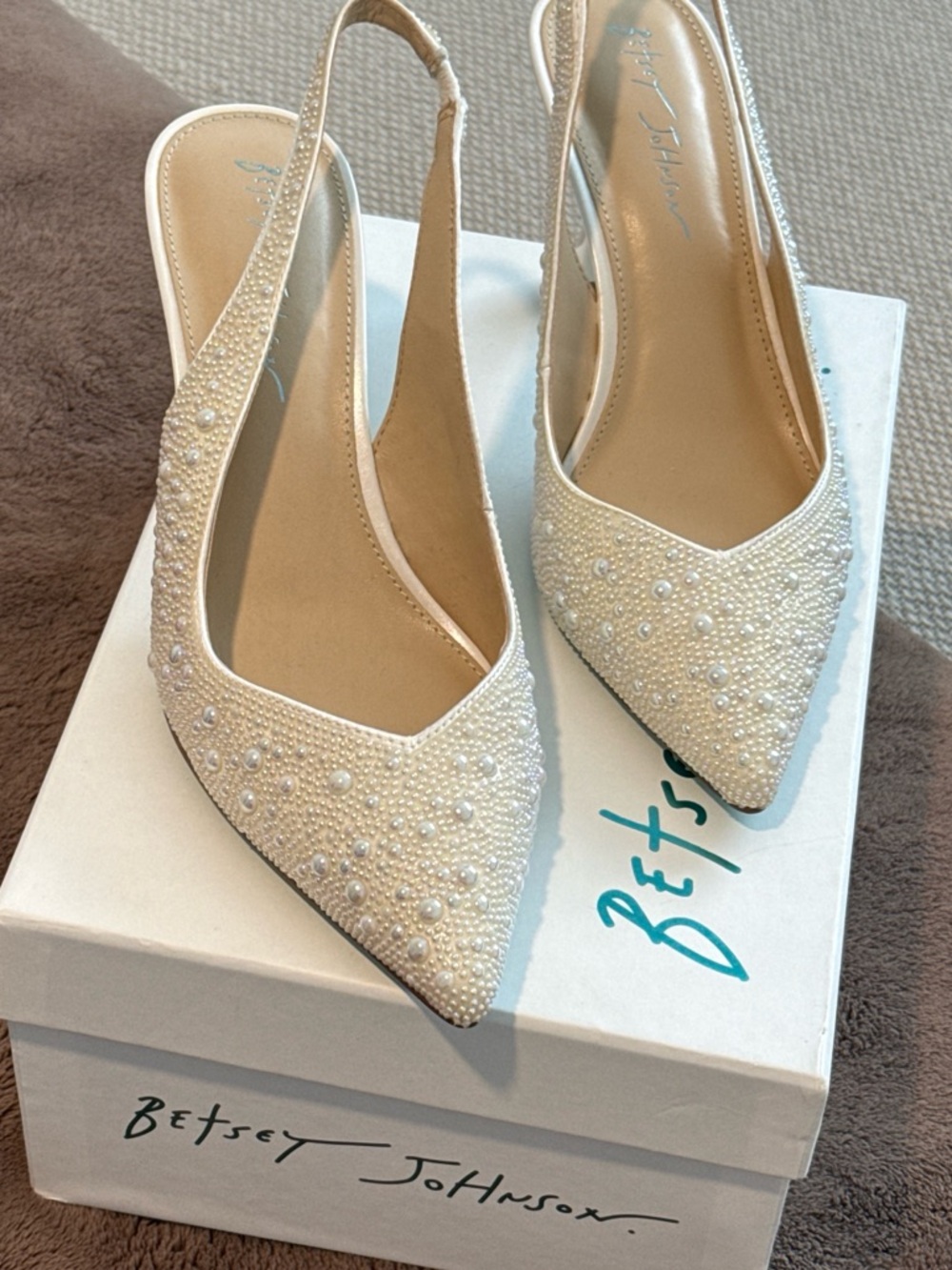 Betsey Johnson Clark Ivory Pearl Embellished Slingback Heels